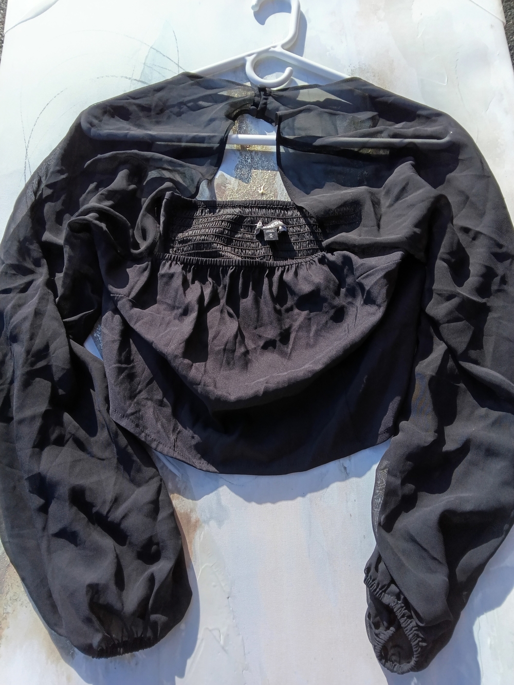 Express Black Smocked Crop Top with Sheer Detail, By The Limited